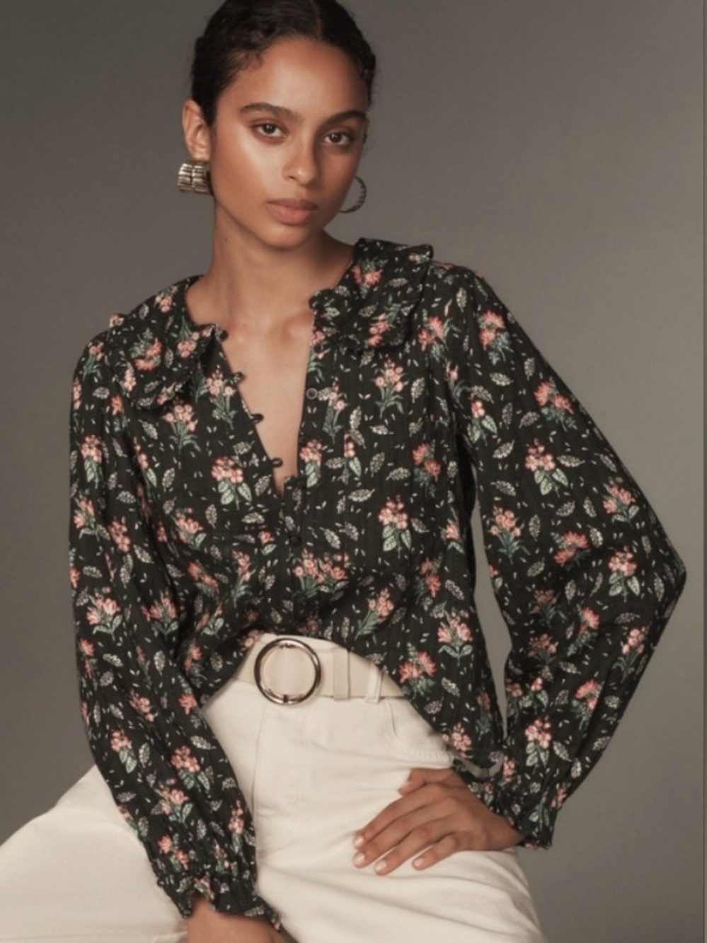 Pilcro Keira Collared Button-Front Blouse Floral Print